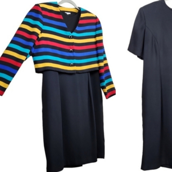 Leslie Fay Vintage Bold Rainbow Stiped Jacket and Dress Set Women's Size 12P - Picture 1 of 9